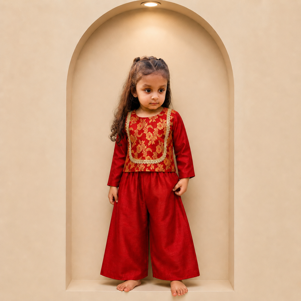 Red Brocade Girls Festive Set